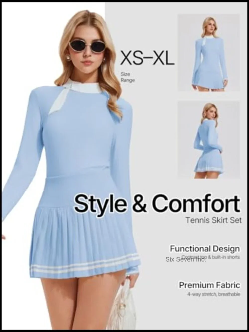 2 Piece Tennis Skirt Set - Zip Back Top & Pleated Skort with Pockets, Athletic